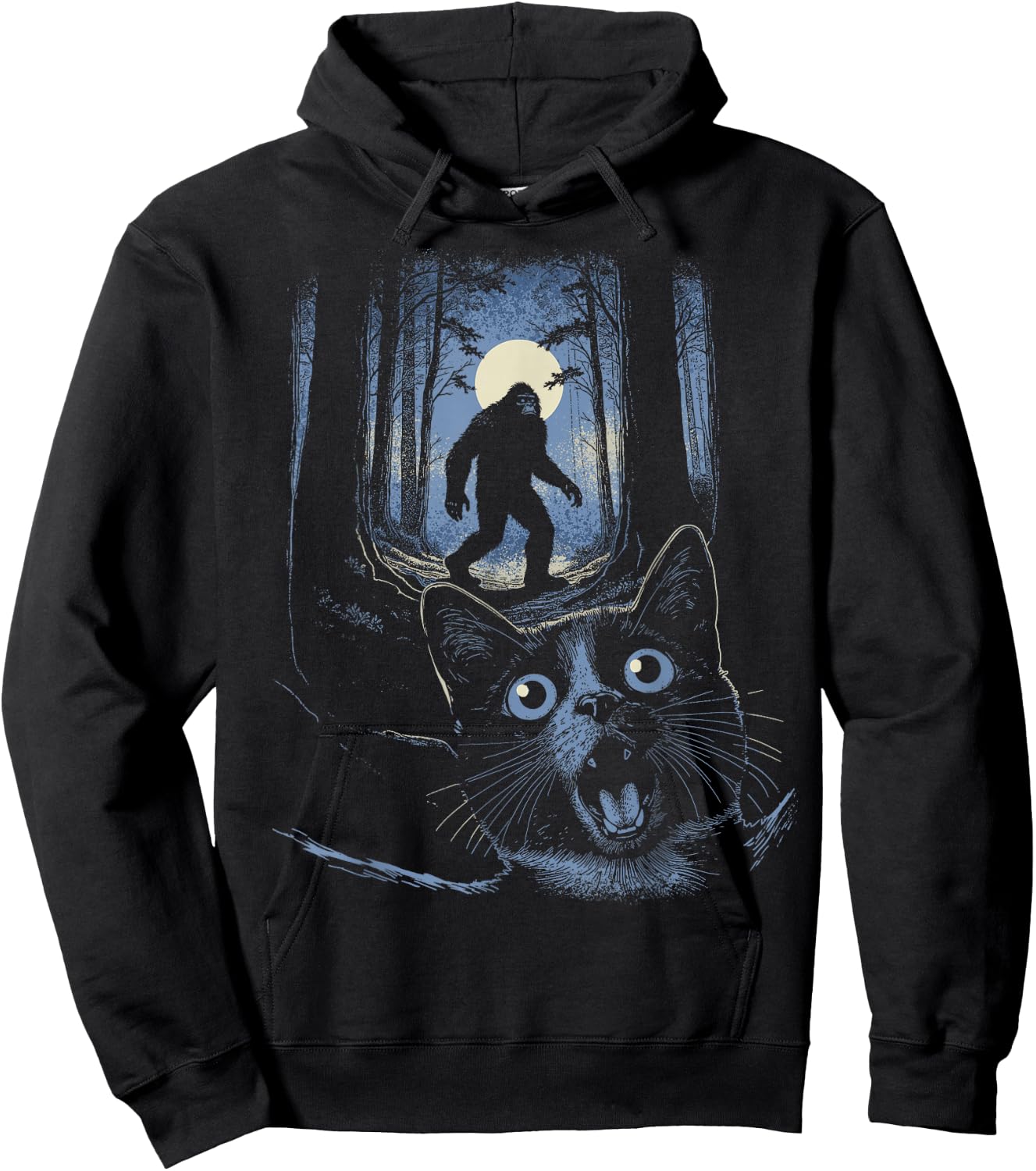 Funny Surprised Scared Cat Selfie With Bigfoot Sasquatch Hoodie - Hoodie | Black