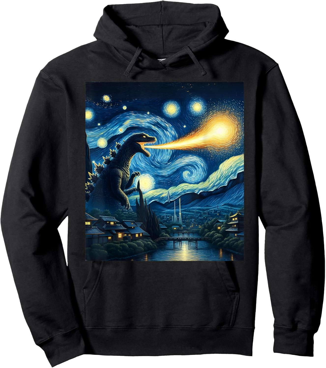 Retro Japanese Kaiju Monster Starry Night Parody Kaiju Hoodie - Hoodie | Black