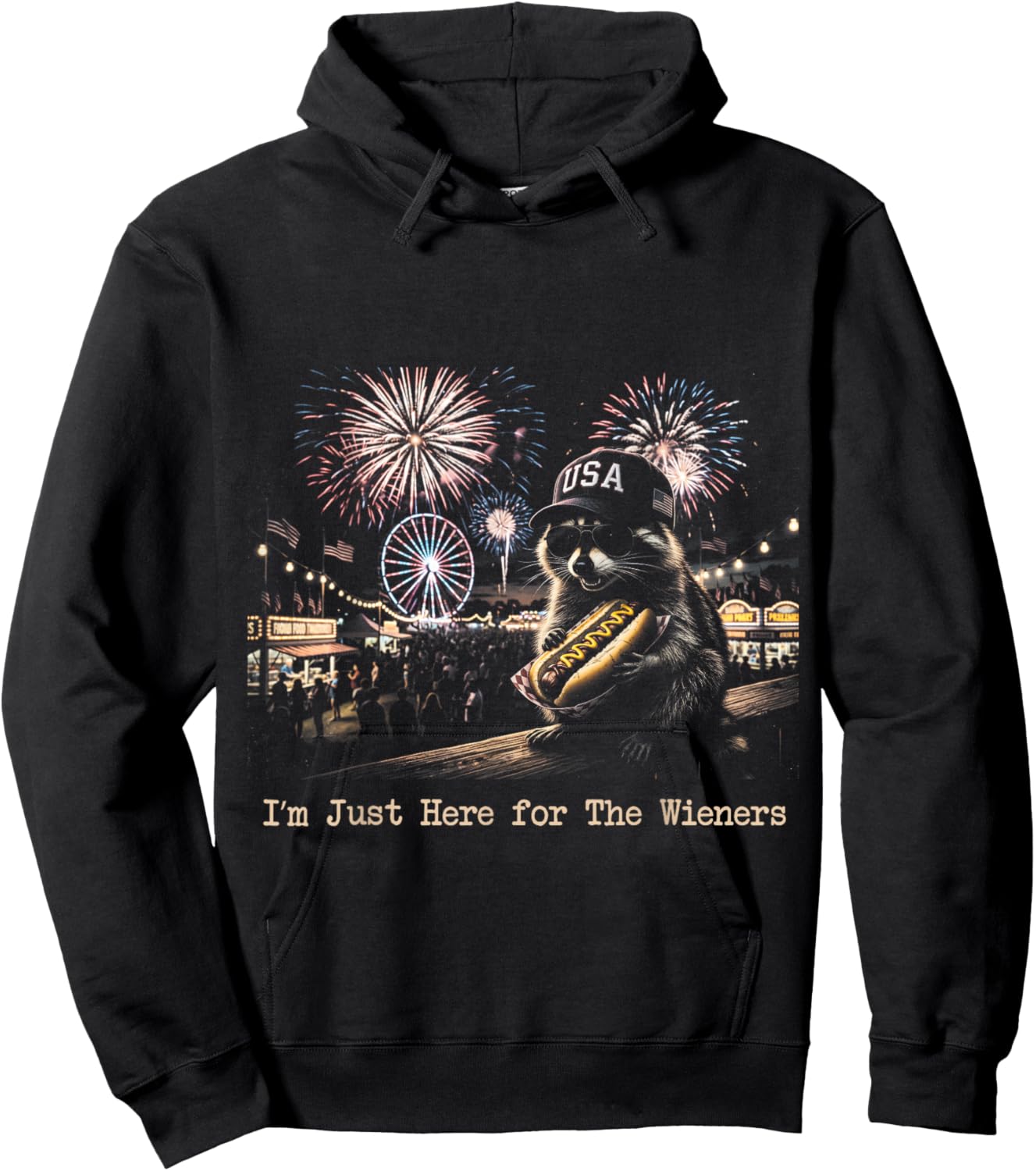 4Th of July Raccoon Funny Just Here for The Wieners Hotdog Hoodie - Hoodie | Black