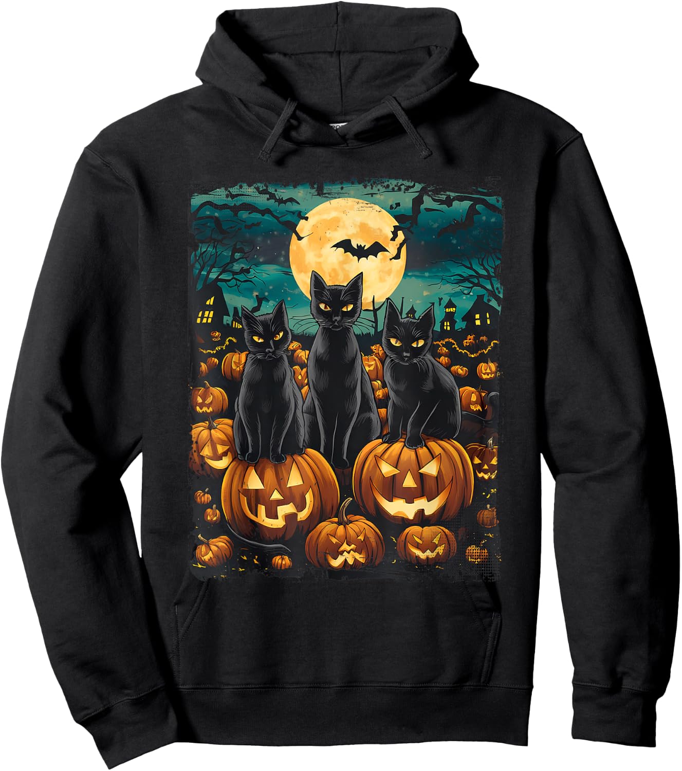Black Cat Pumpkin Halloween Starry Night Cat Van Gogh Cat Women Kids Hoodie - Hoodie | Black