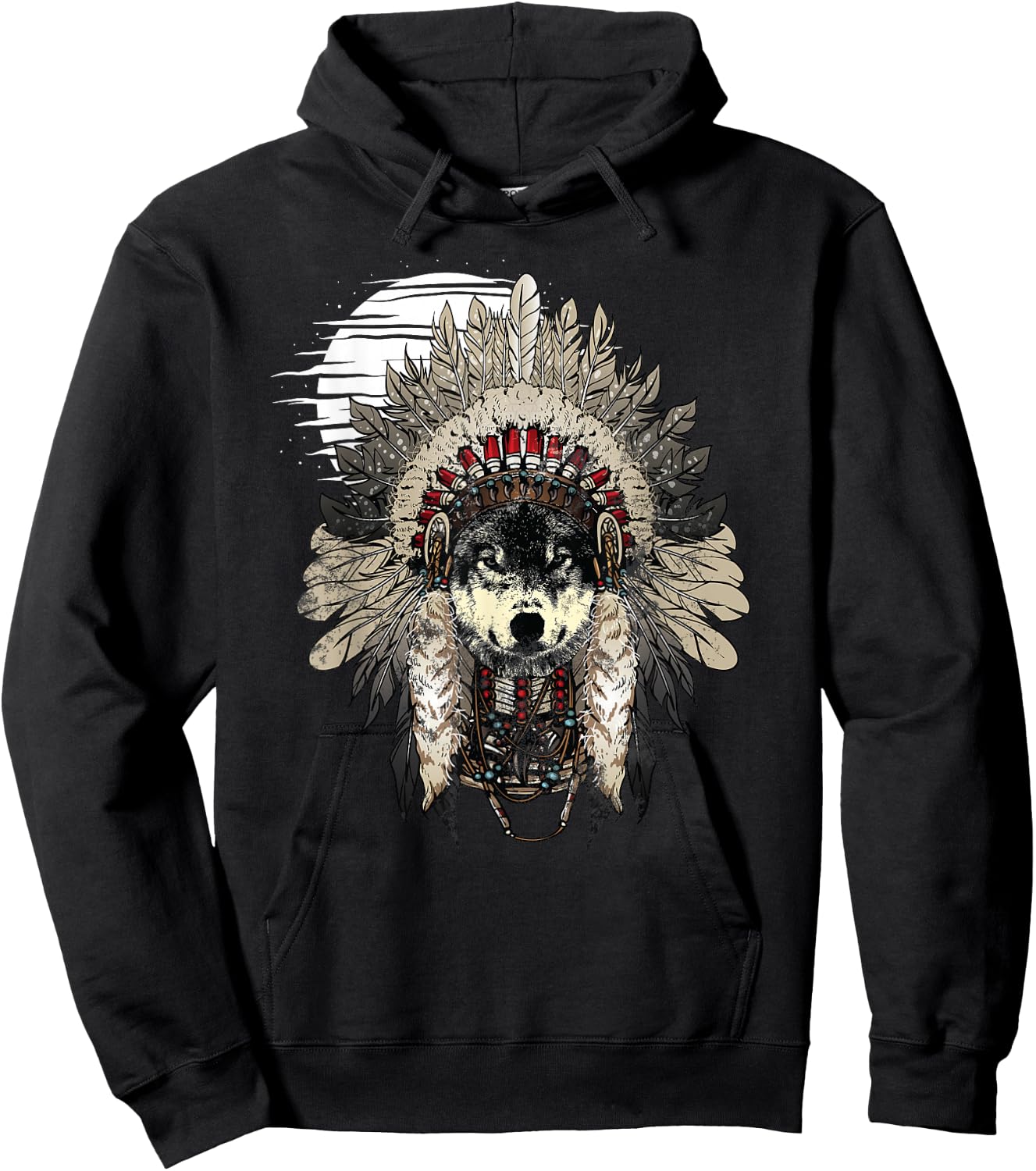 Wolf T Shirt Moon Native American Headdress Wolves Clothing Hoodie - Hoodie | Black