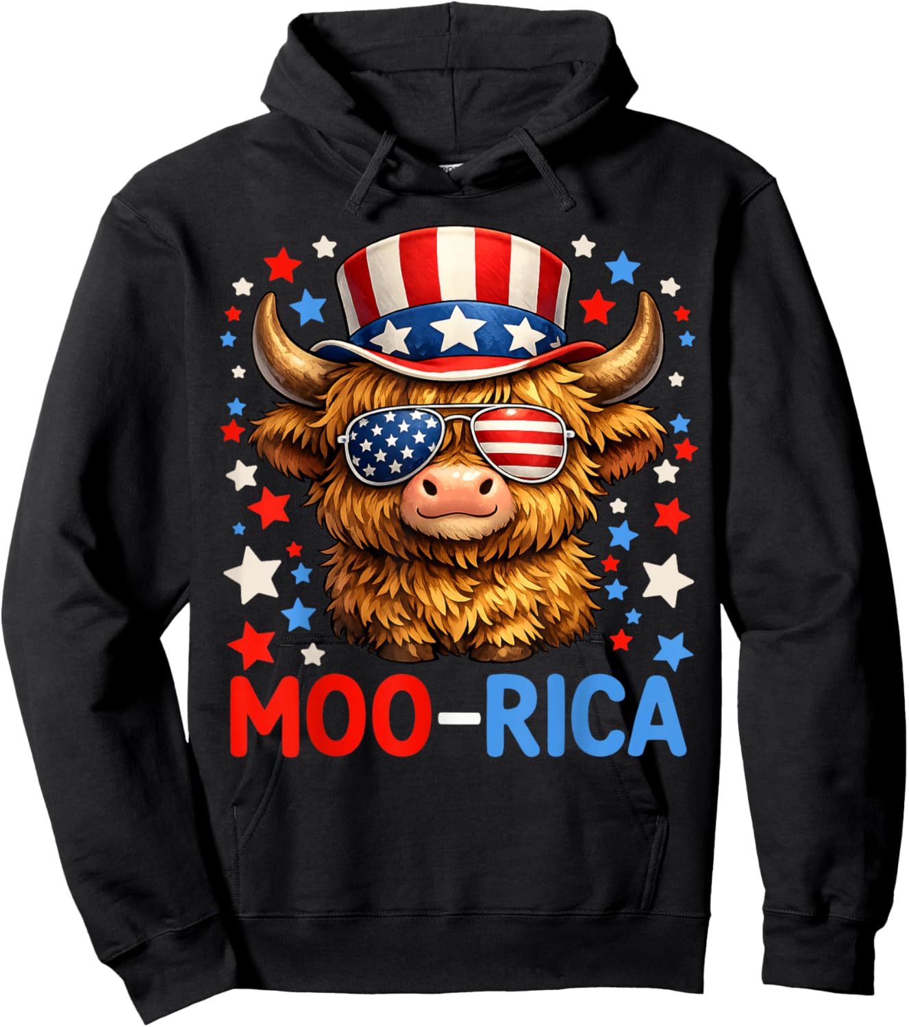 Patriotic Highland Cow Moo-rica July 4th Independence Day Hoodie - Hoodie | Black