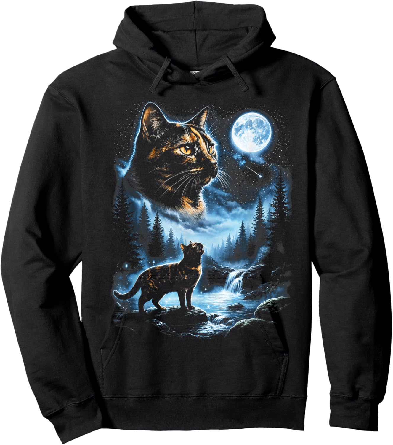 Tortoiseshell Cat Howling At Moon Celestial Parody Design Hoodie - Hoodie | Black