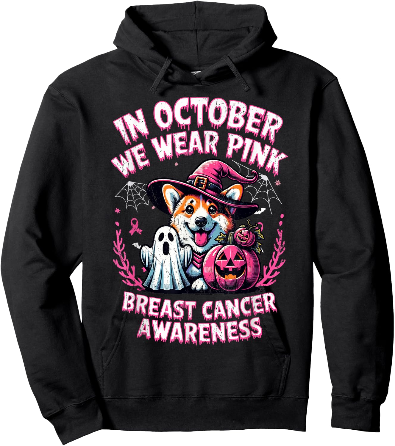 In October We Wear Pink Ghost Corgi Dog Breast Cancer Hoodie - Hoodie | Black
