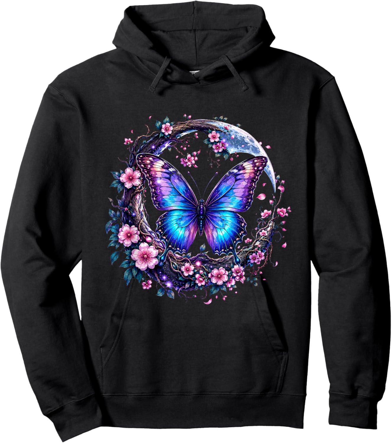 Butterfly Moon Cherry Blossom Fantasy Floral Nature Art Hoodie - Hoodie | Black
