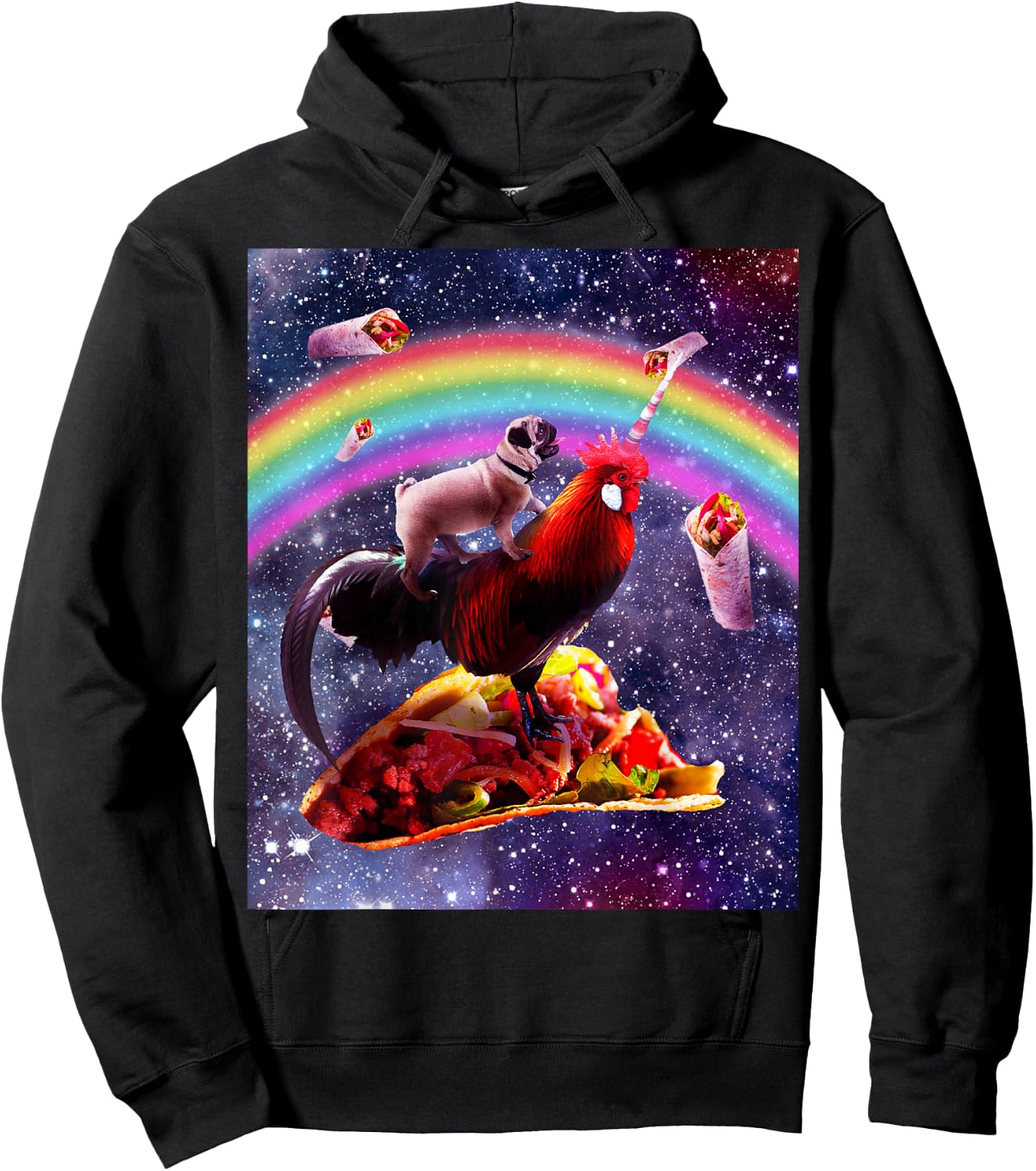 Space Pug Riding Chicken Unicorn - Taco & Burrito Hoodie - Hoodie | Black