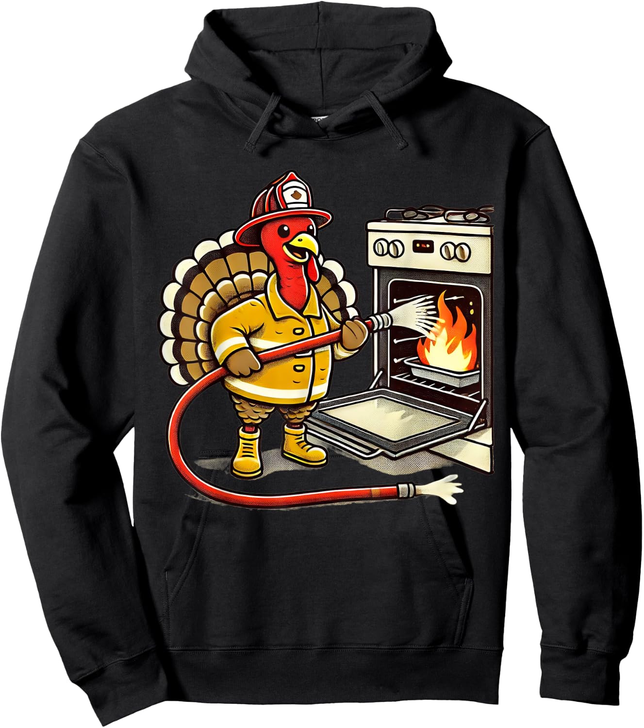 Firefighter Turkey Funny Thanksgiving Animal Oven Fire Hose Hoodie - Hoodie | Black