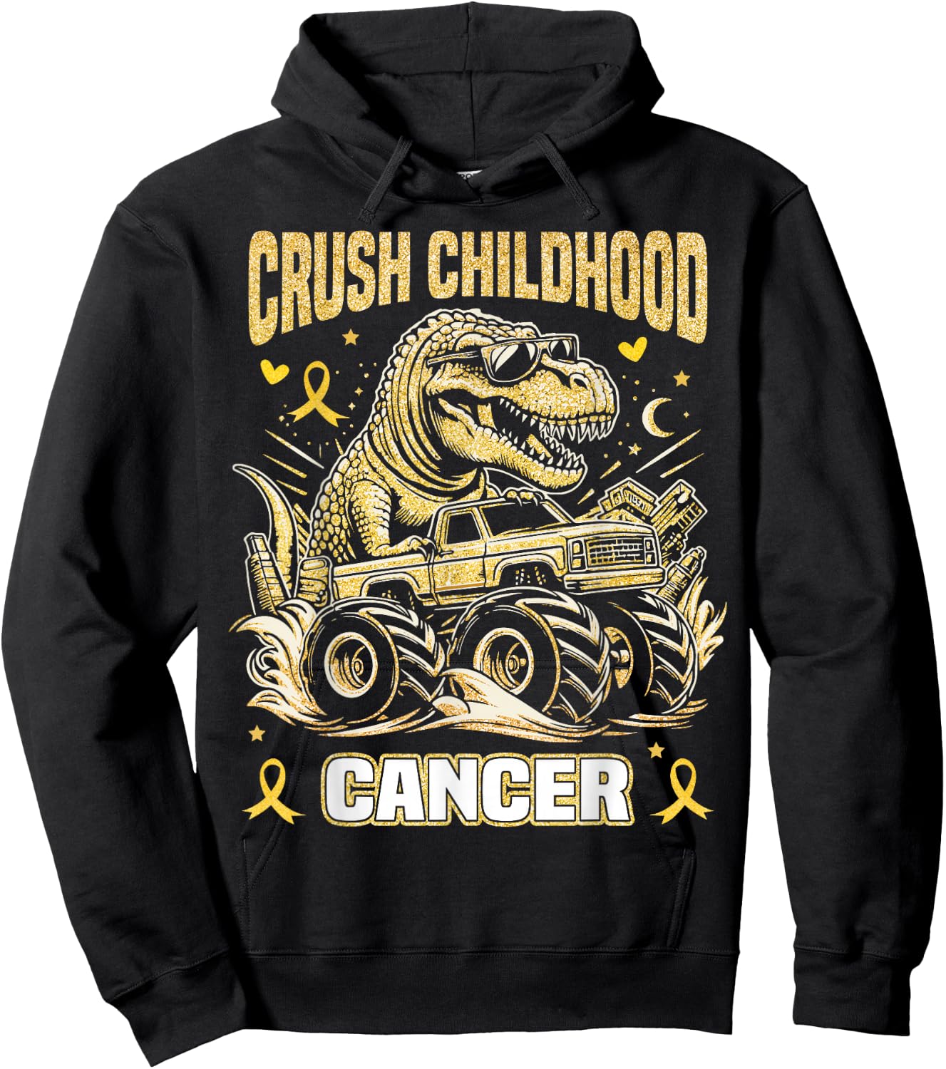 Crush Childhood Cancer Awareness Monster Truck Dinosaur Hoodie - Hoodie | Black