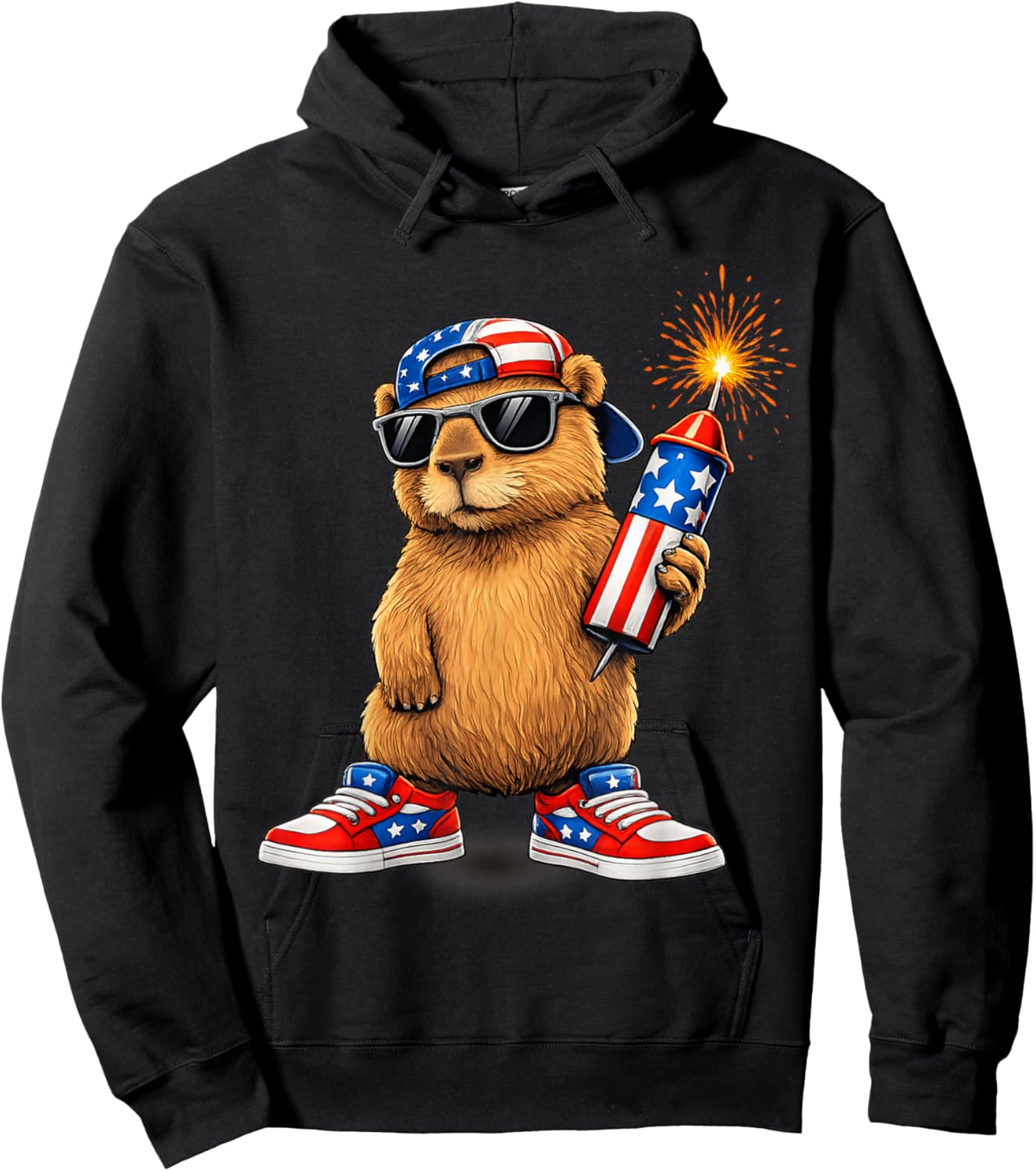 Patriotic Capybara Fireworks USA Flag Funny 4th of July Hoodie - Hoodie | Black