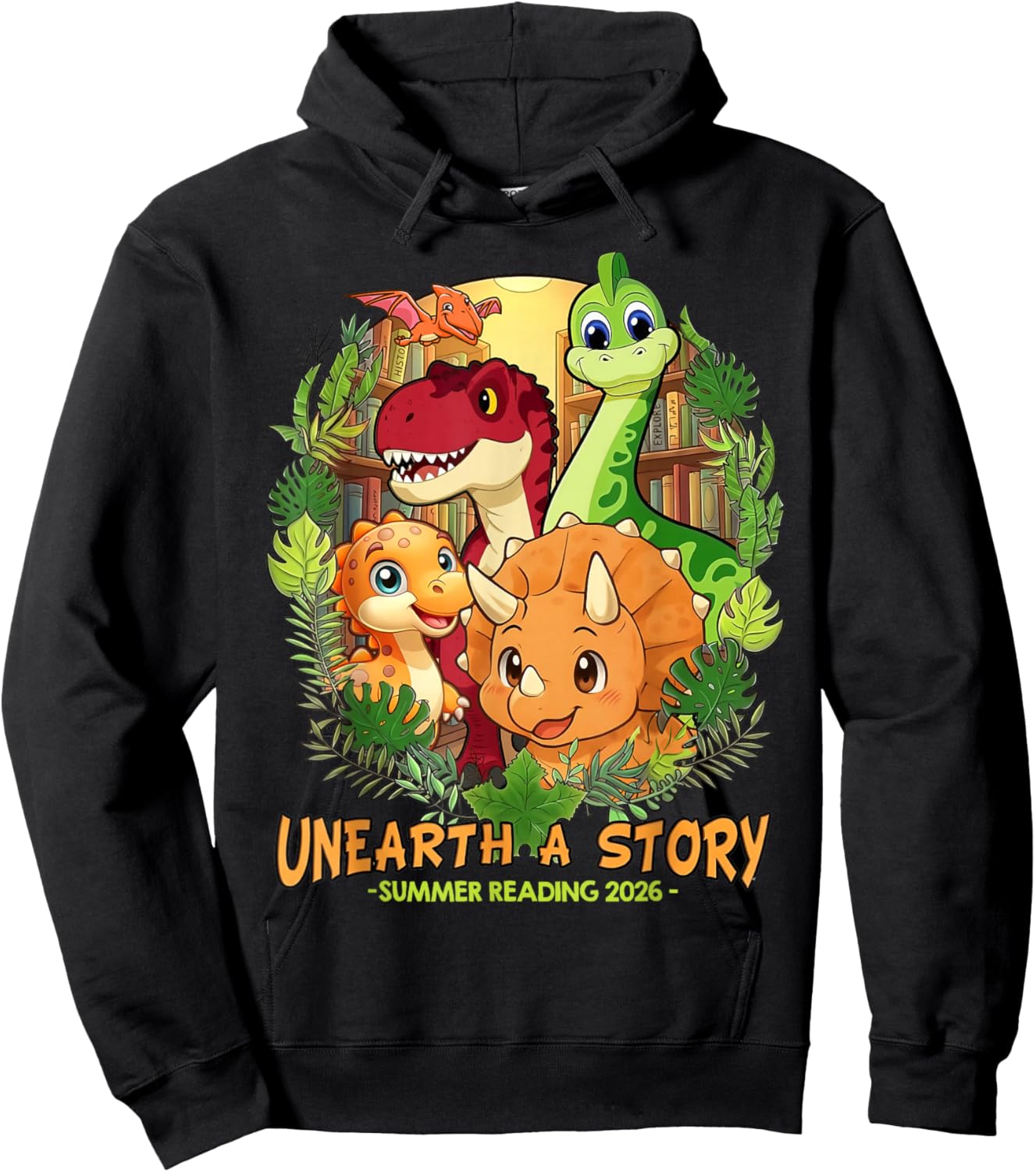 Kids Unearth a Story Summer Reading 2026 Dinosaur Men Women Hoodie - Hoodie | Black