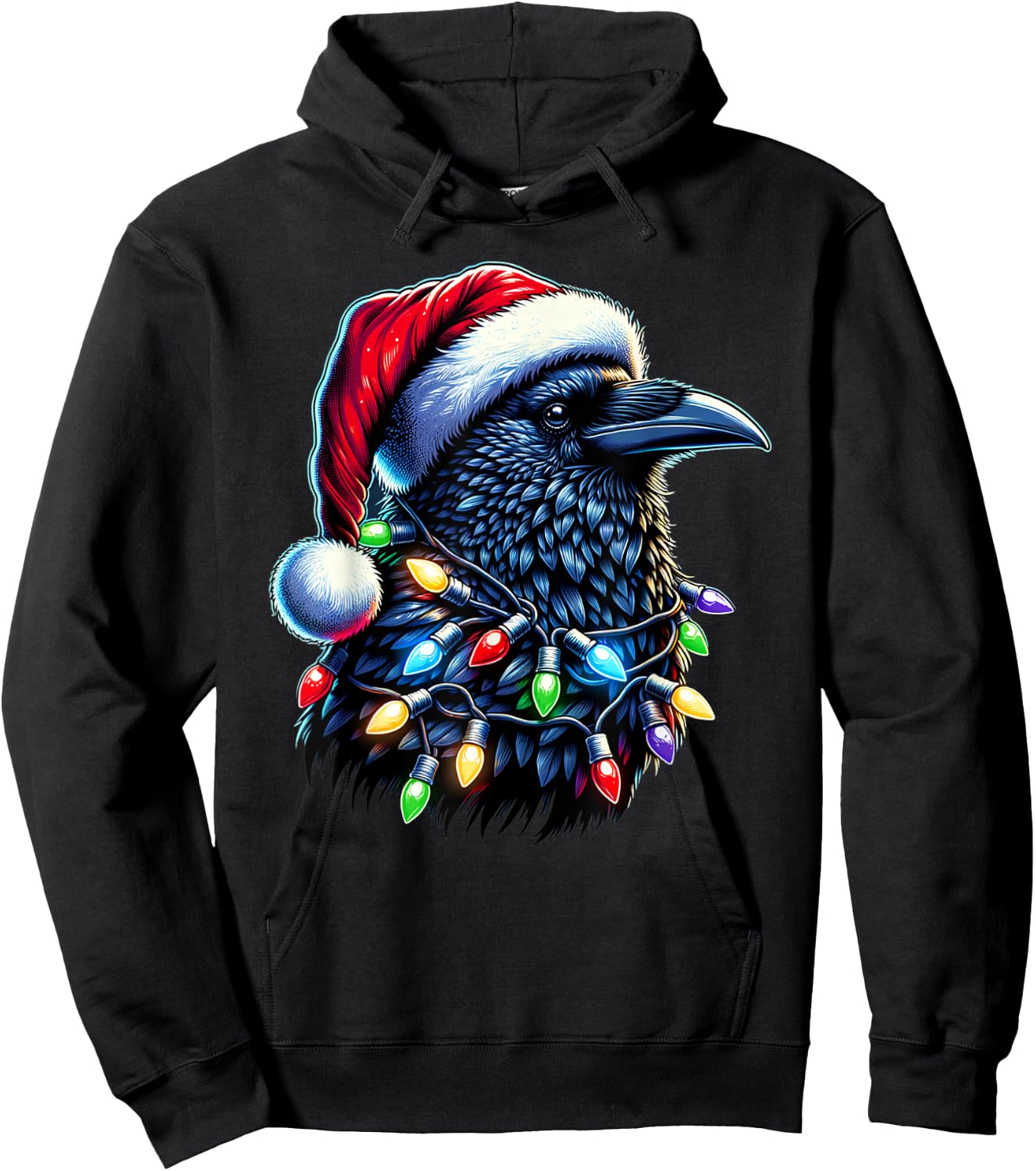 Raven Santa Christmas Tree Lighting Men Women Xmas Funny Hoodie - Hoodie | Black