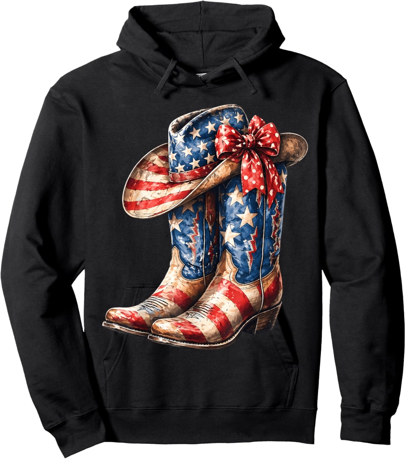 4th of July Cowgirl Boots Patriotic Women Girl Hoodie - Hoodie | Black