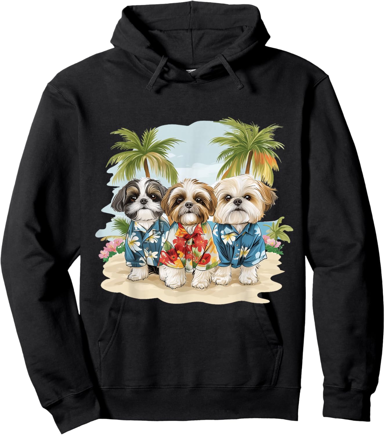 Cute Shih Tzu Dogs Hawaiian Tops Palm Trees Ocean Colorful Hoodie - Hoodie | Black