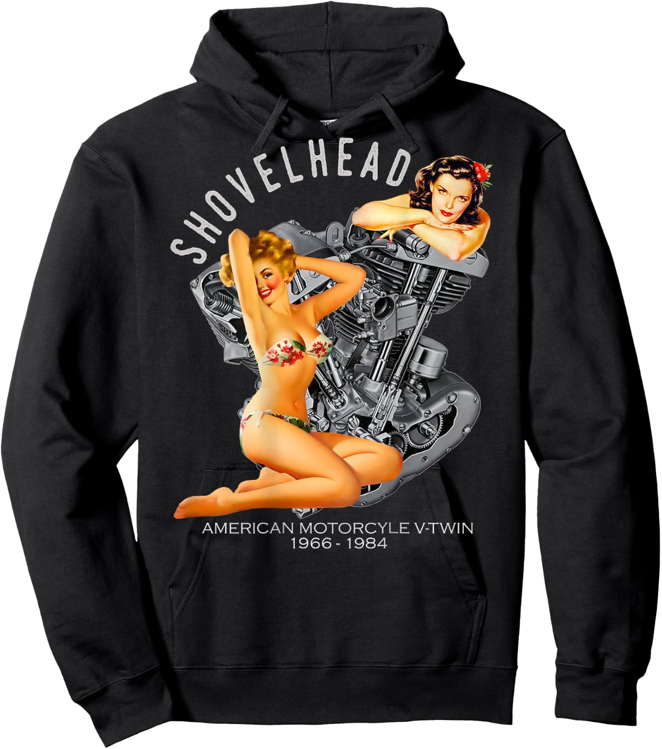 Shovelhead Retro Pinup V-Twin Engine 1966 Motorcycle Gear Hoodie - Hoodie | Black