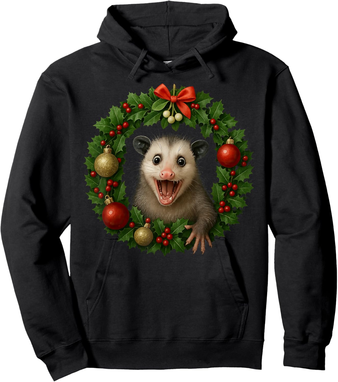 Funny Possum Christmas Wreath Xmas Opossum Hoodie - Hoodie | Black