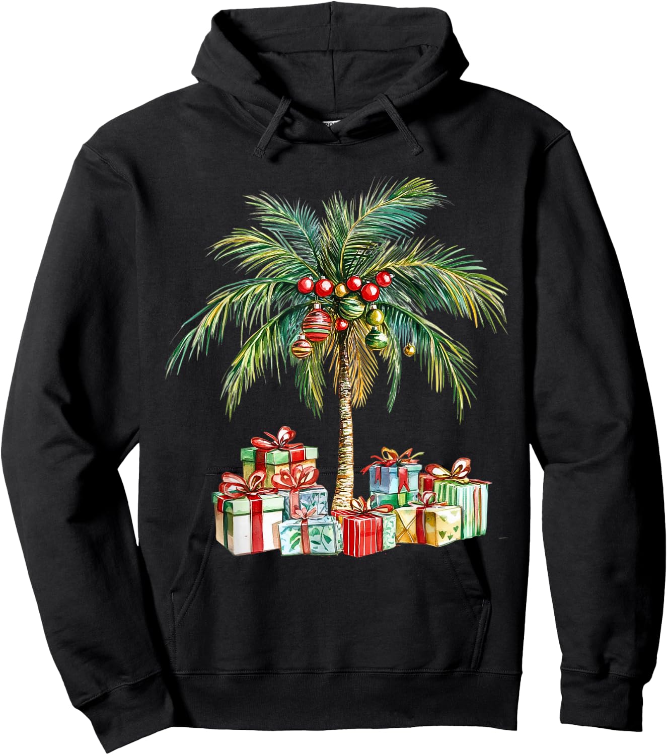 Christmas Palm Tree Lights Hawaiin Tropical Xmas Watercolor Hoodie - Hoodie | Black
