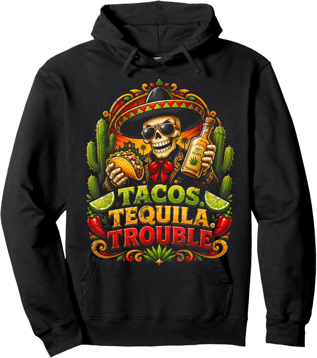 Tacos Tequila Trouble Funny Skeleton Fiesta Party Humor Hoodie - Hoodie | Black