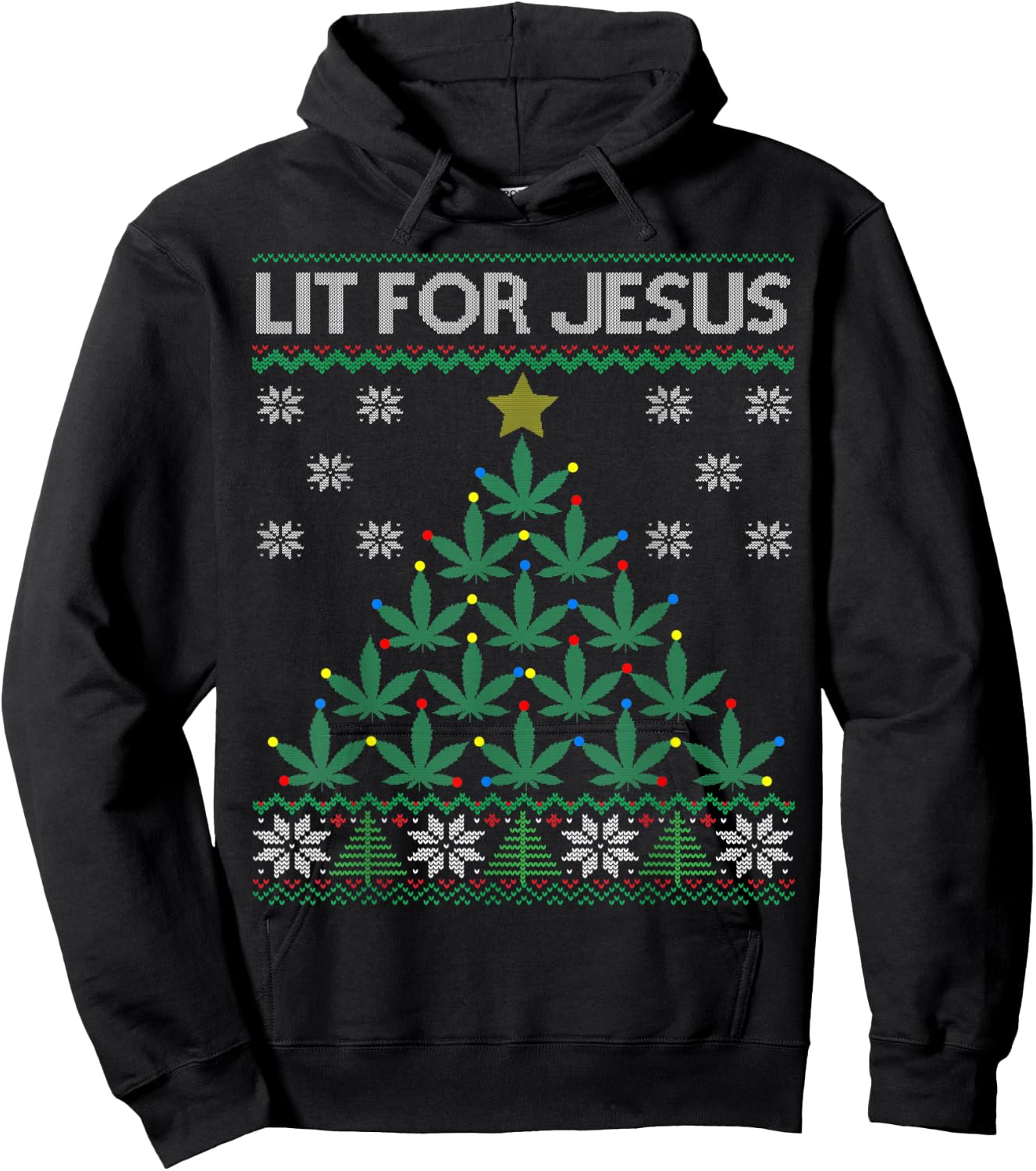 Lit for Jesus Weed Marijuana Cannabis Leaf Christmas Tree Hoodie - Hoodie | Black