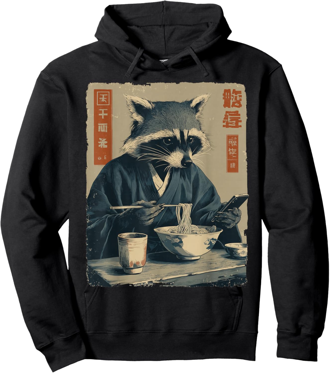 Funny Raccoon Eat Ramen and Scroll Phone Japanese Art Hoodie - Hoodie | Black