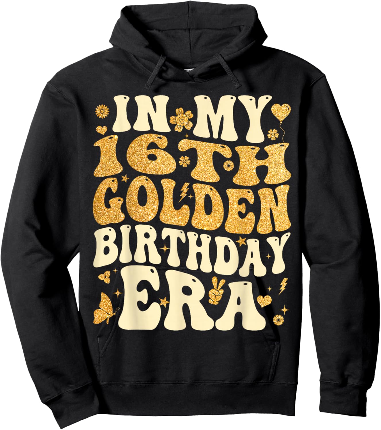 in My 16th Golden Birthday Era 16 Year Old Bday Kids Groovy Hoodie - Hoodie | Black