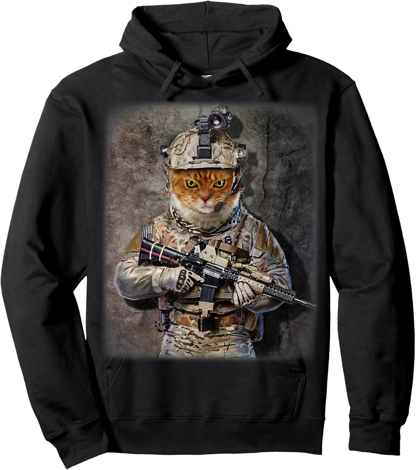 Tabby Cat as Army Commando in Full Tactical Gear Hoodie - Hoodie | Black