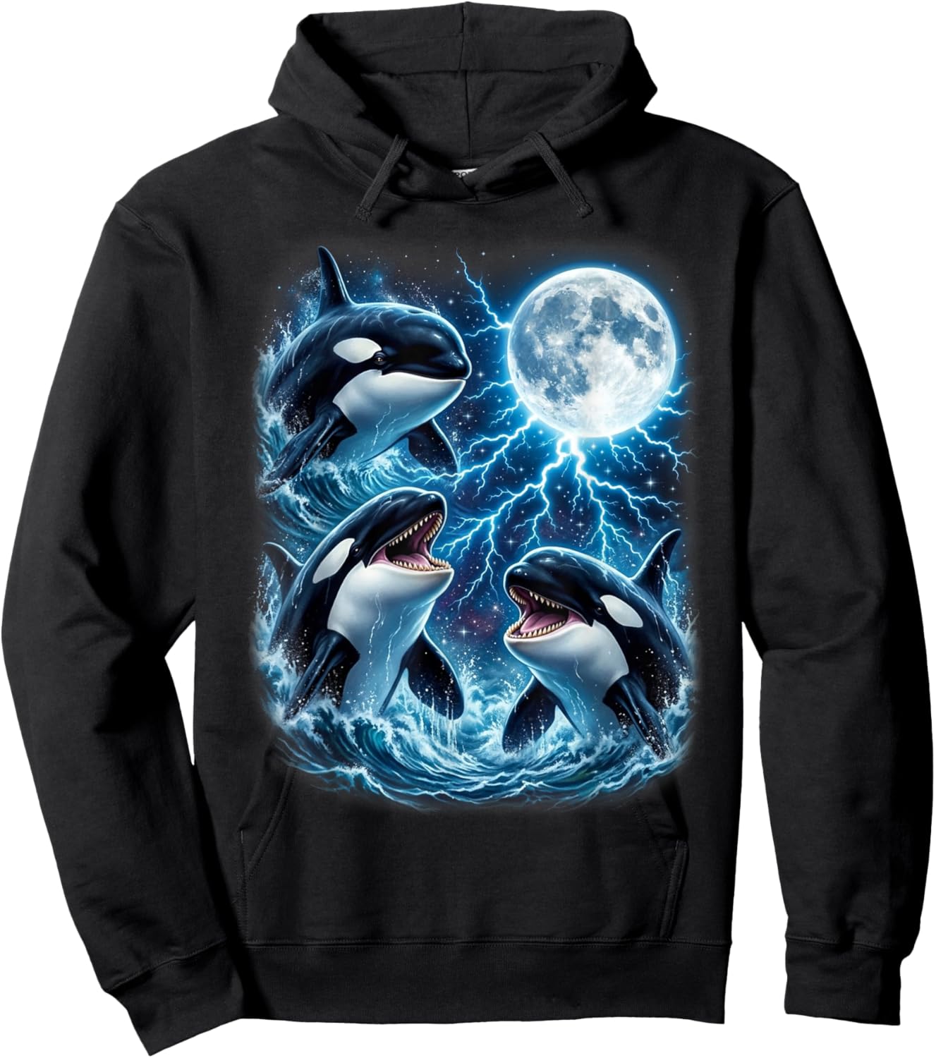 Majestic Three Orca Moon Lightning Sea Life Art Hoodie - Hoodie | Black