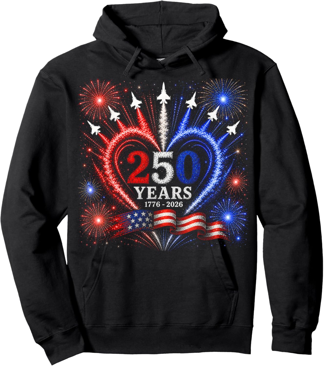 4th of July American Flag 250 Years of Freedom Heart Jets Hoodie - Hoodie | Black