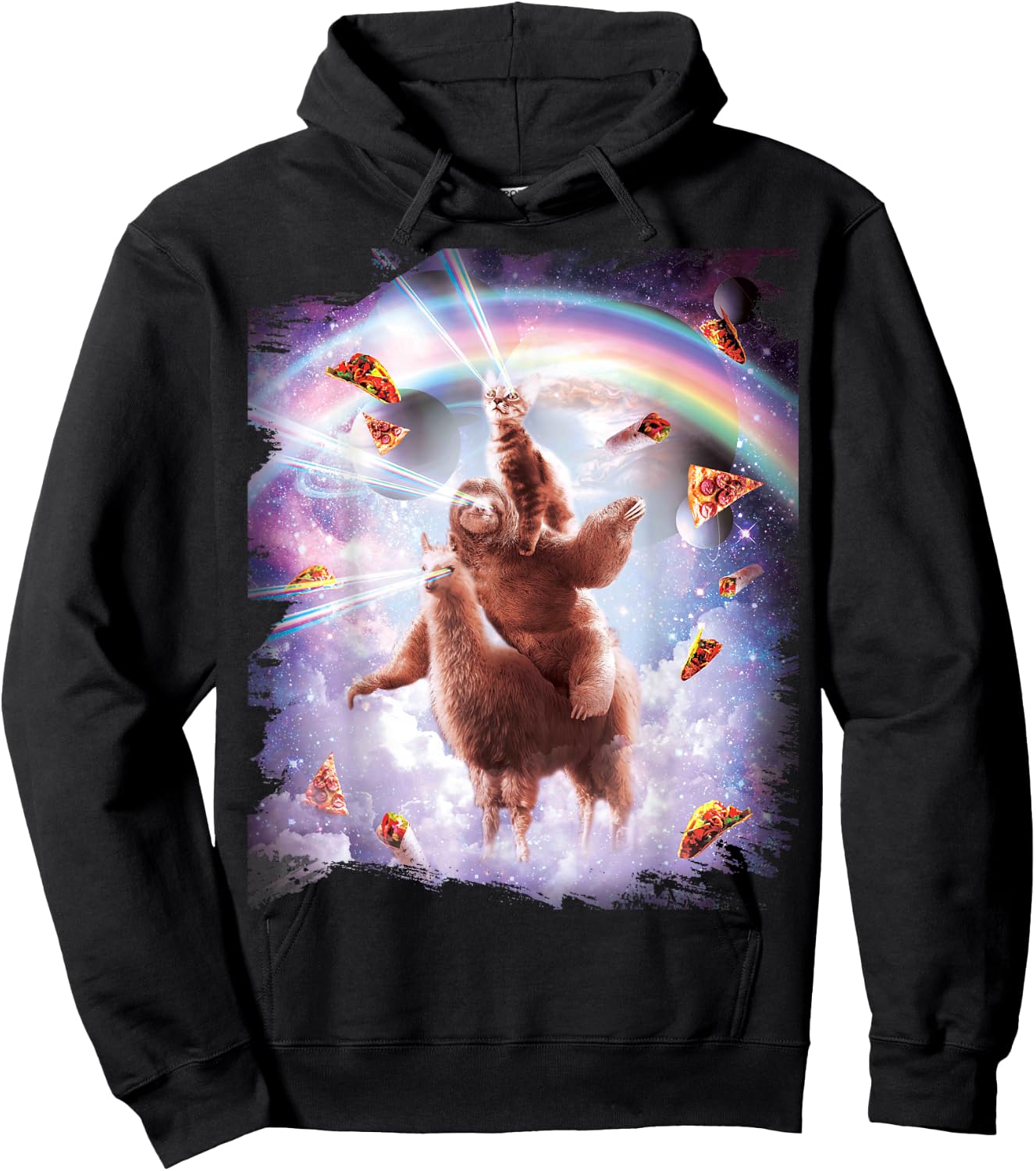 Laser Eyes Space Cat Riding Sloth Llama - Rainbow Hoodie - Hoodie | Black