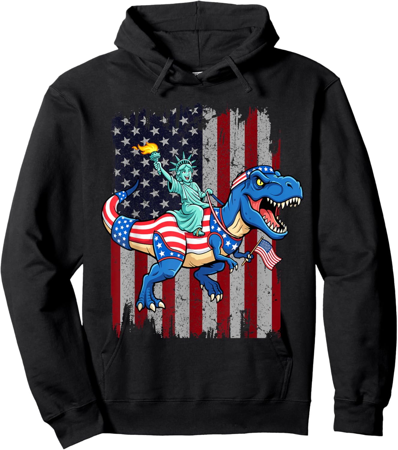Dinosaur Statue of Liberty 4th of July American Flag Boys Hoodie - Hoodie | Black