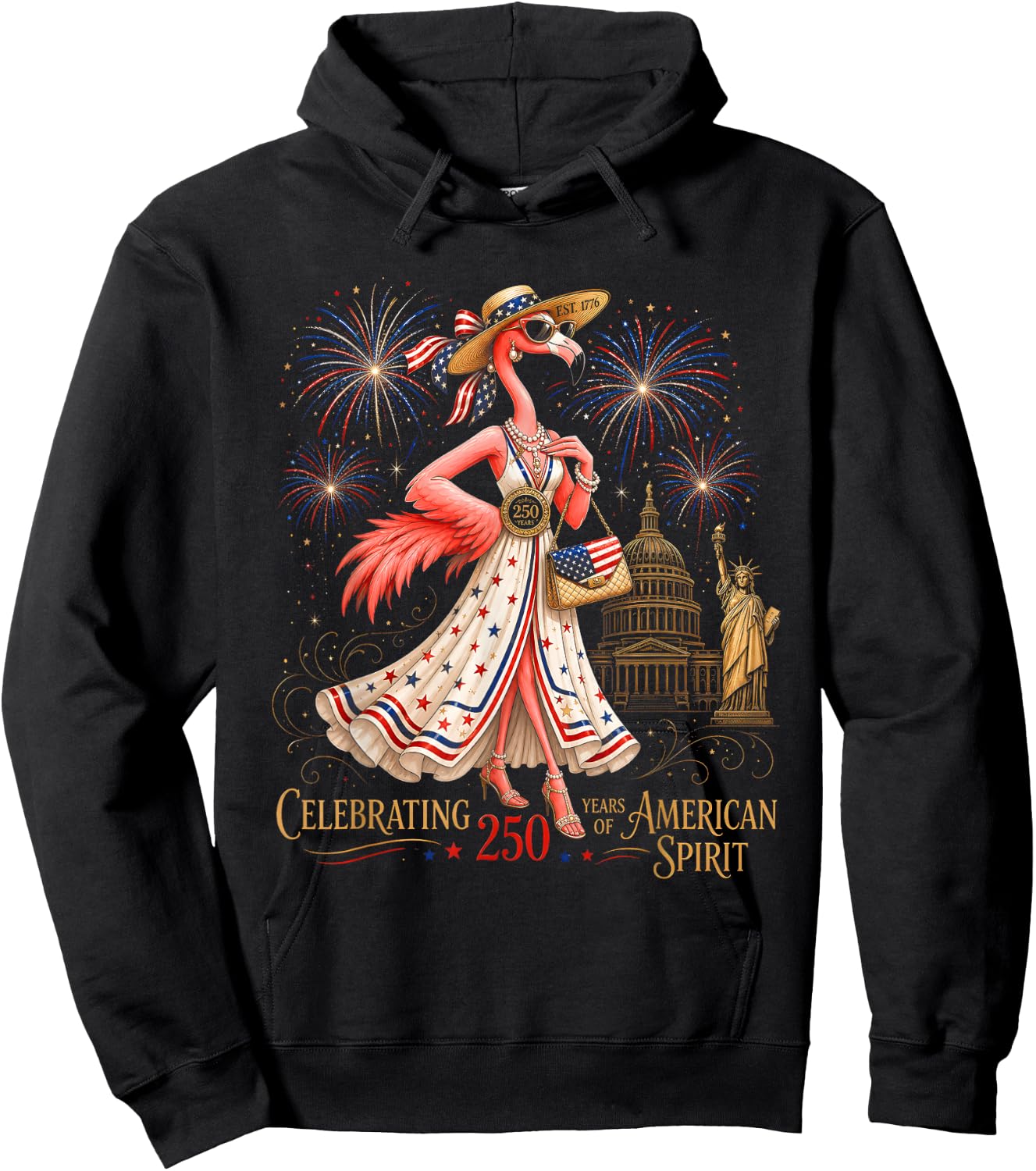 Patriotic Flamingo 250 Years Celebrating American Spirit Hoodie - Hoodie | Black