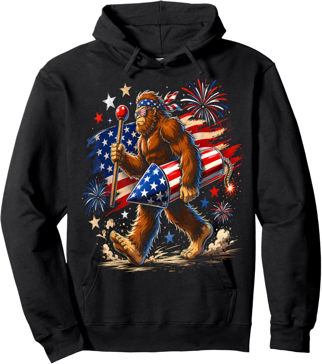 Bigfoot Fireworks 4th of July Men Sasquatch American Flag Hoodie - Hoodie | Black