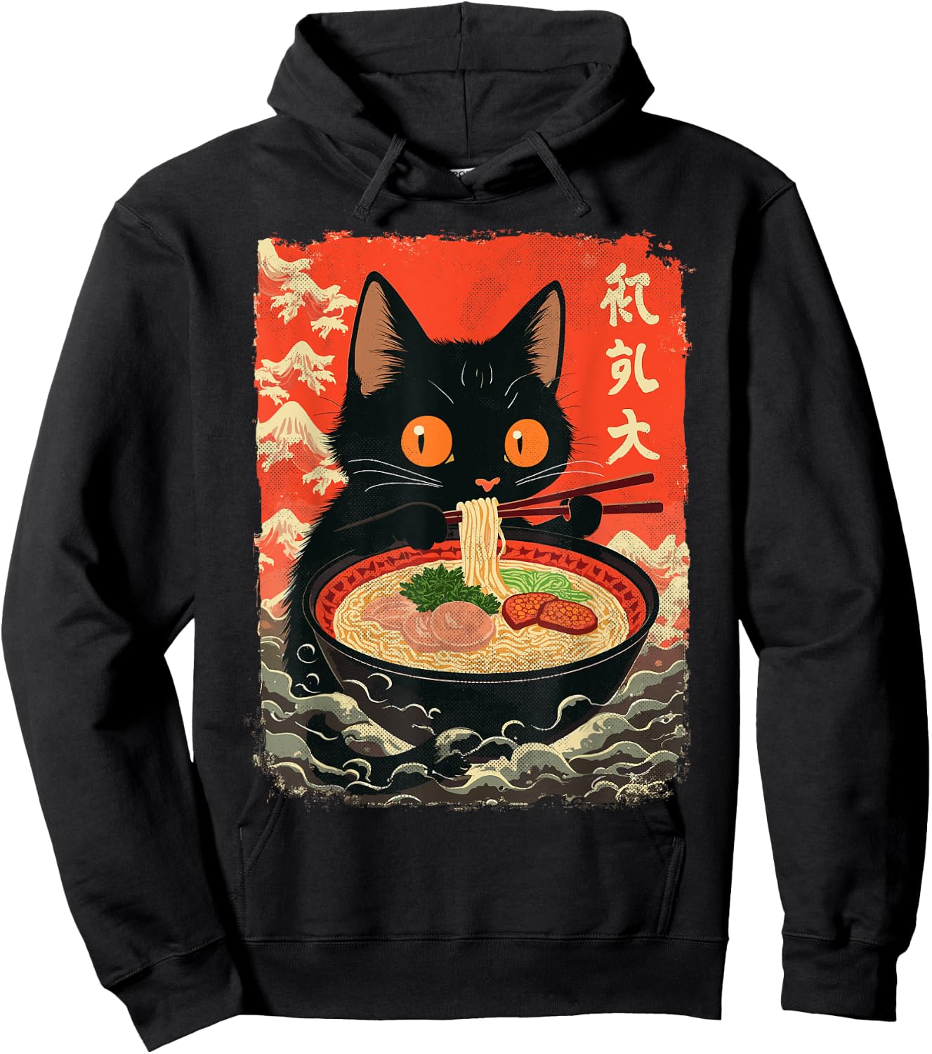 Neko Cat Eating Ramen Anime Kawaii Japanese Noodle Graphic Hoodie - Hoodie | Black