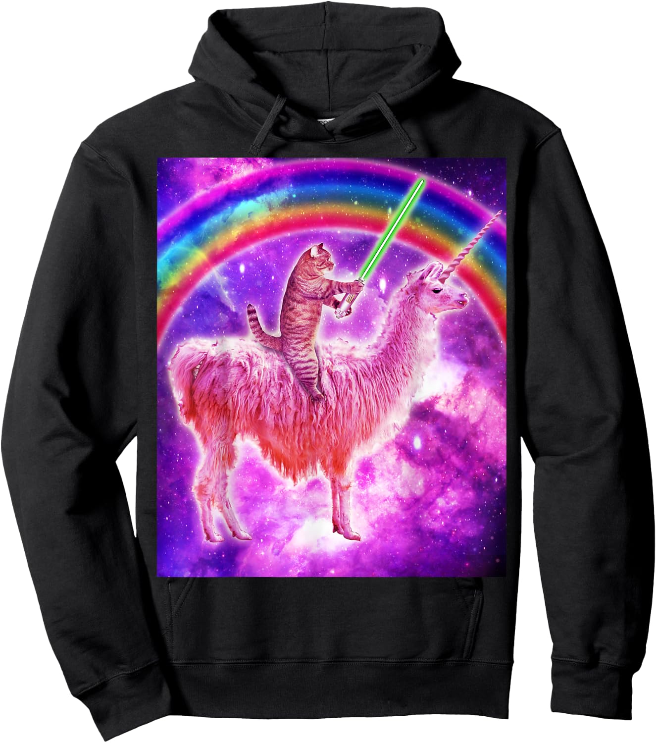 Kitty Cat Riding Llama Unicorn Rainbow In Space Cat Lover Men Women Girls Kids Hoodie - Hoodie | Black