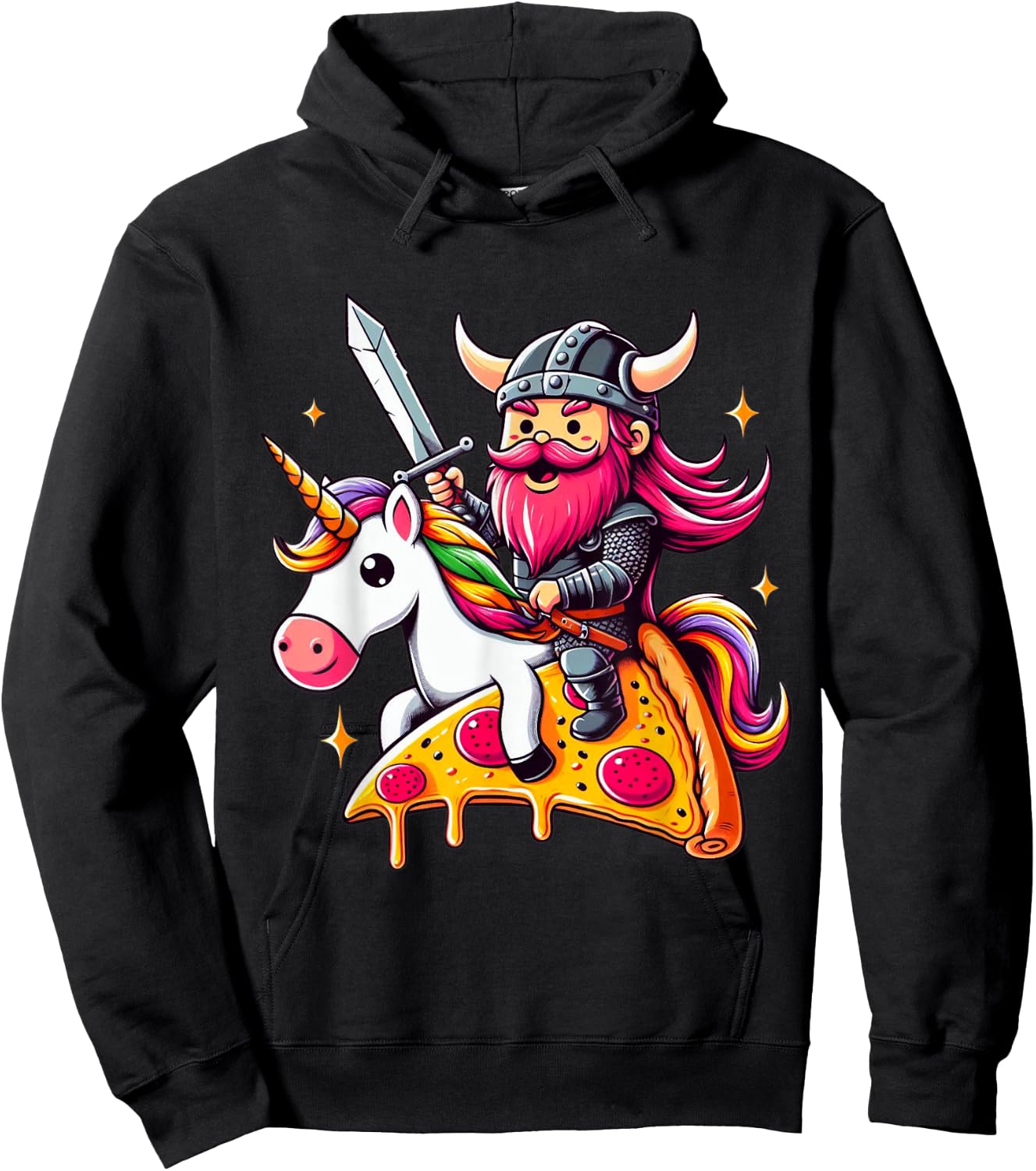 Viking And Unicorn On Pizza Boys Girls Men Women Kids Adults Hoodie - Hoodie | Black