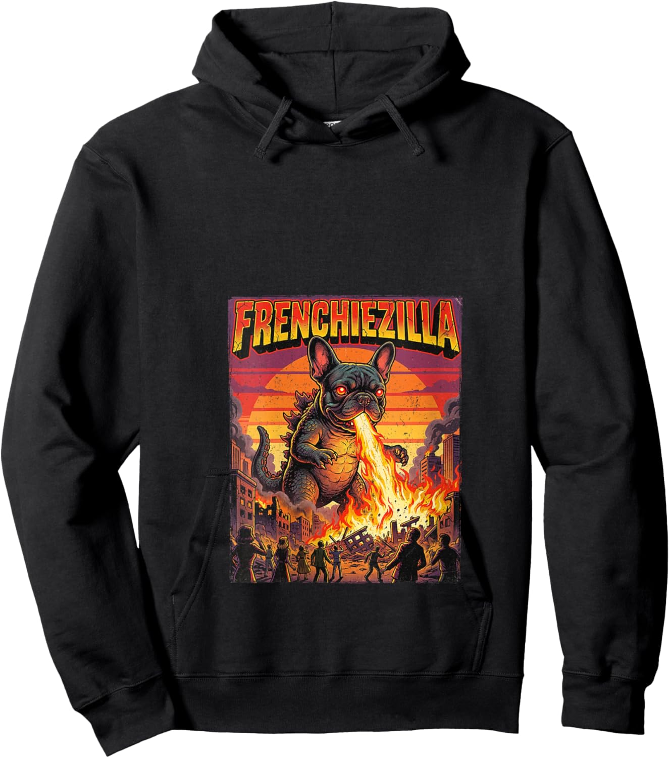 Women's Frenchiezilla Giant French Bulldog Dog Monster Frenchie V-Neck Hoodie - Hoodie | Black