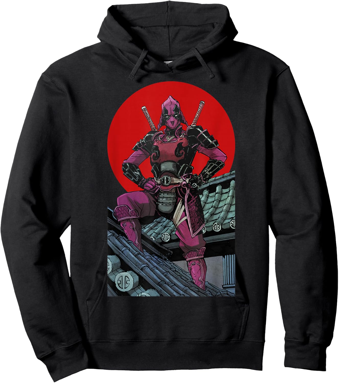 Marvel Deadpool Samurai Warrior Pose Red Sun Graphic Hoodie - Hoodie | Black