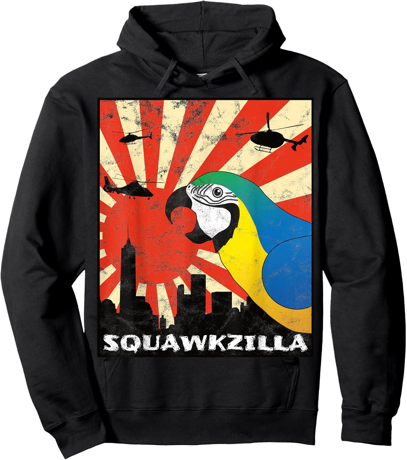 Squawk Zilla Blue and Gold Macaw Parrot Squawking Kawaii Hoodie - Hoodie | Black