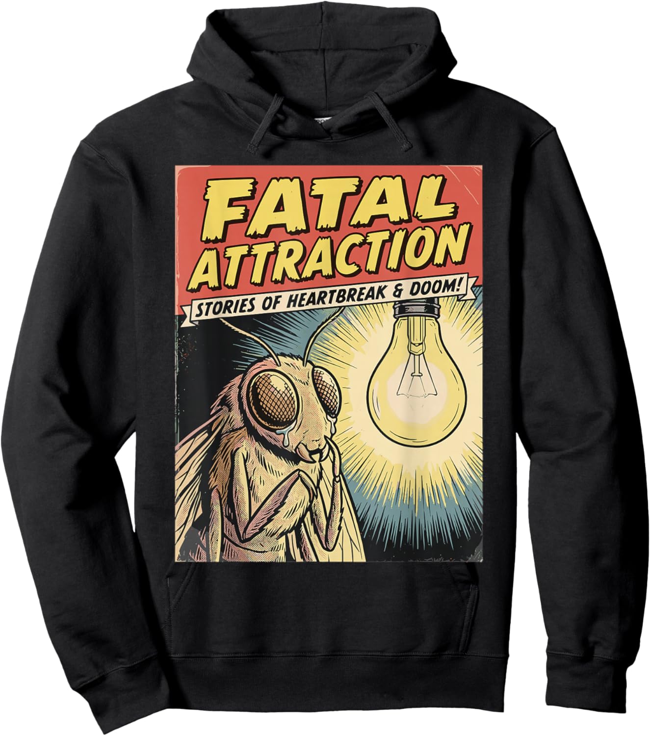 Funny Vintage Comic Book Style Moth Obsessed with Lightbulb Hoodie - Hoodie | Black