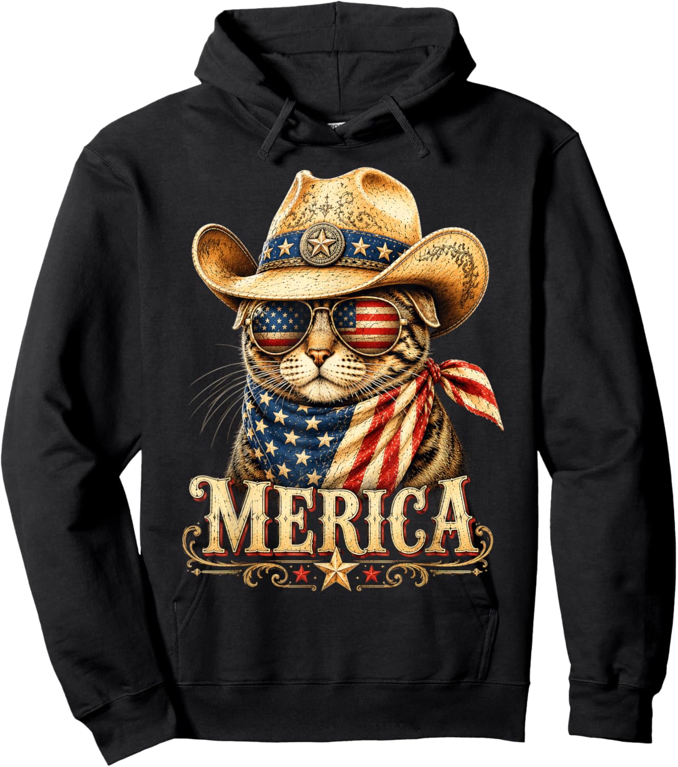 Merica Patriotic Cowboy Cat American Flag Vintage Hoodie - Hoodie | Black