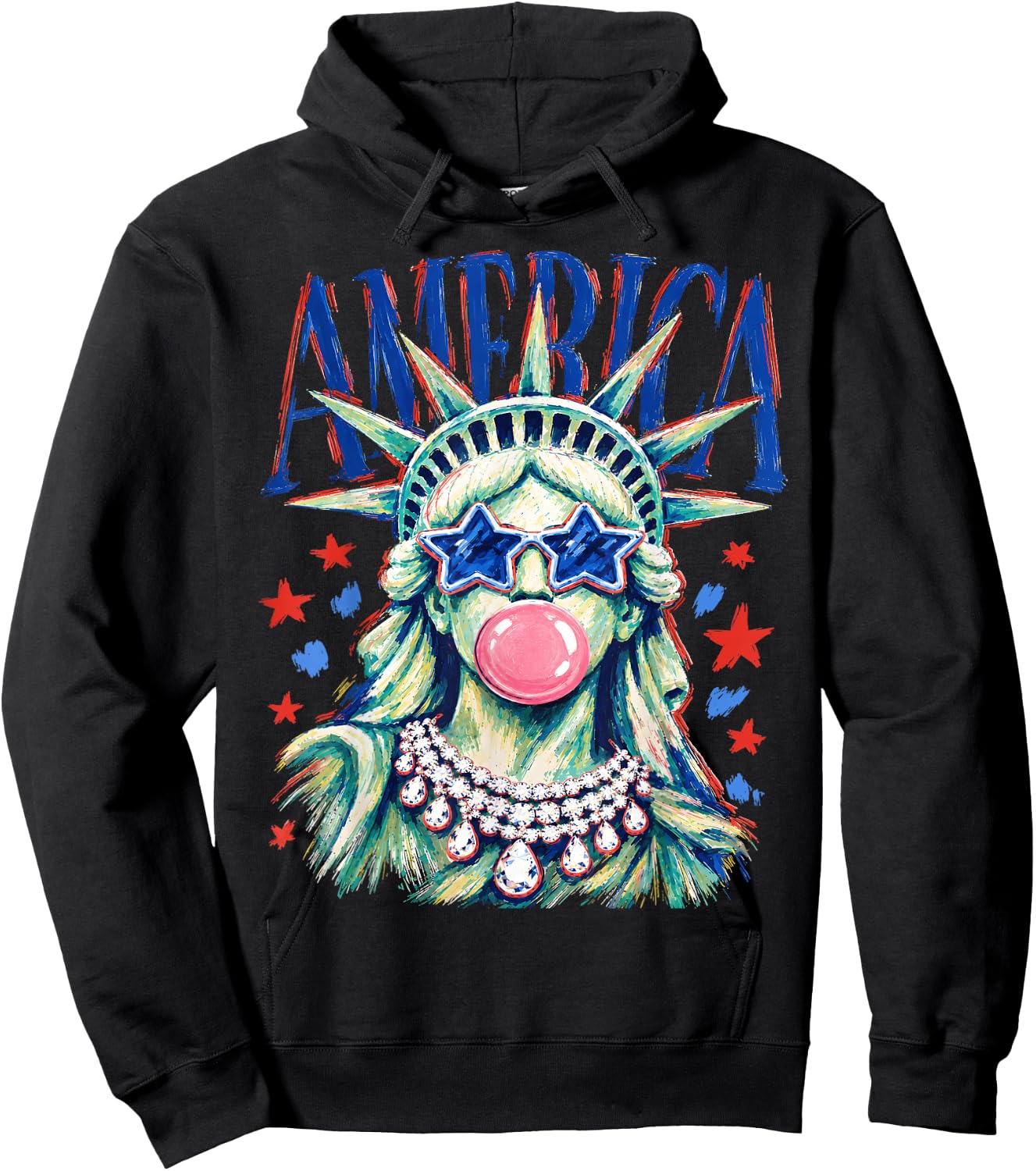 Brushstroke Statue of Liberty Blowing Bubble Gum 4th of July Hoodie - Hoodie | Black
