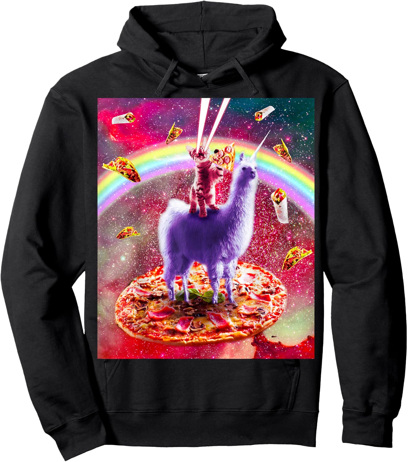Laser Eyes Outer Space Cat Riding On Llama Unicorn Hoodie - Hoodie | Black
