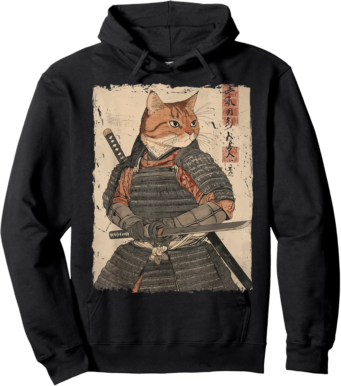 Samurai Cat Warrior Japanese Ukiyo-e Artwork Cat Samurai Hoodie - Hoodie | Black