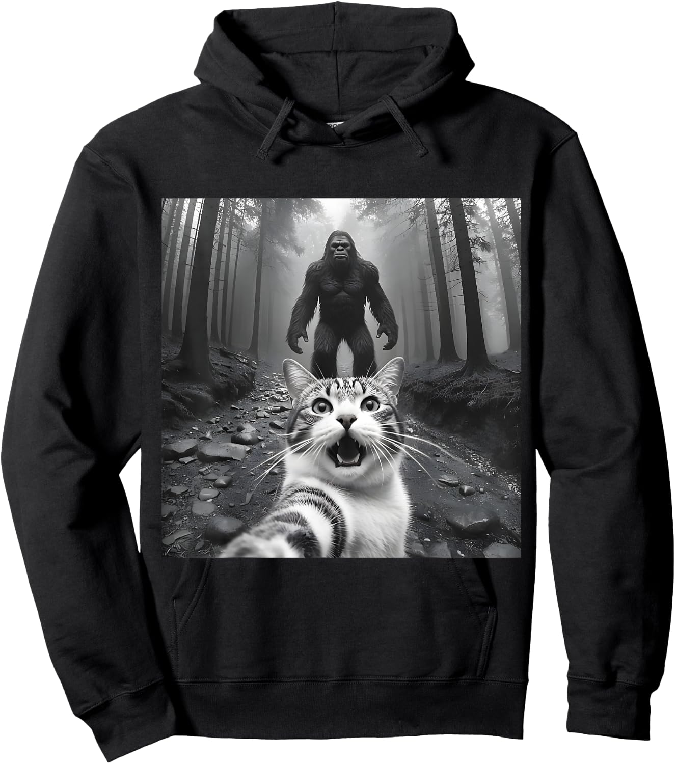 Funny Surprised Scared Cat Selfie With Sasquatsch Bigfoot Men Women Girls Kids Hoodie - Hoodie | Black
