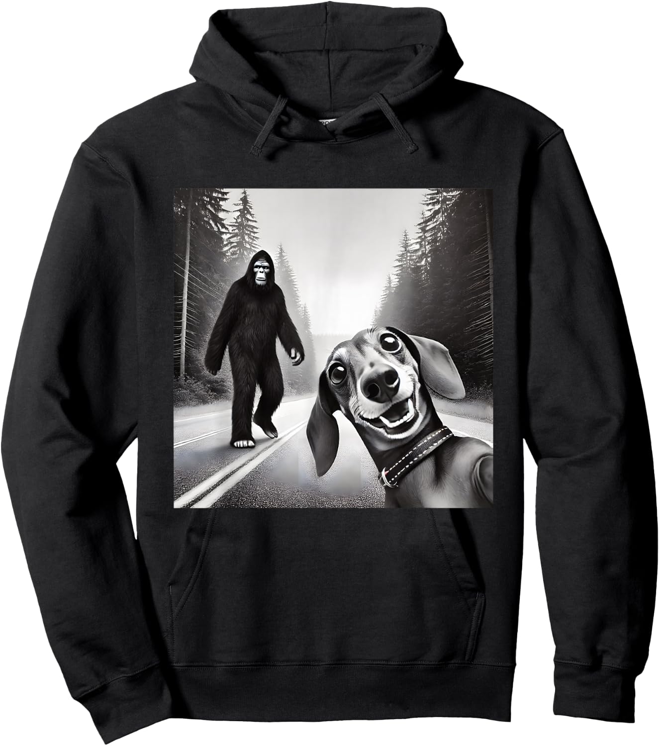 Bigfoot And Dachshund On Road - Black - Small - Short Sleeve Hoodie - Hoodie | Black