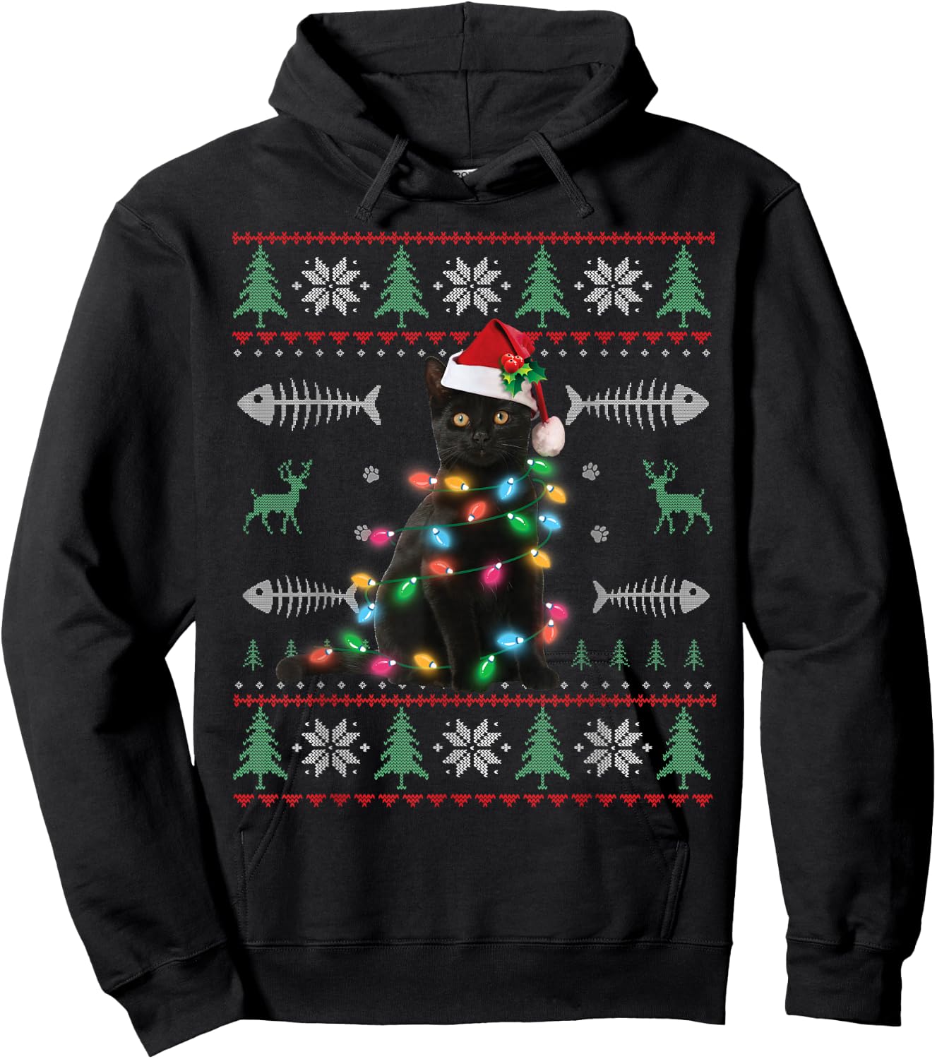 Black Cat Ugly Christmas Sweater Xmas Kitten For Adults Kids Hoodie - Hoodie | Black