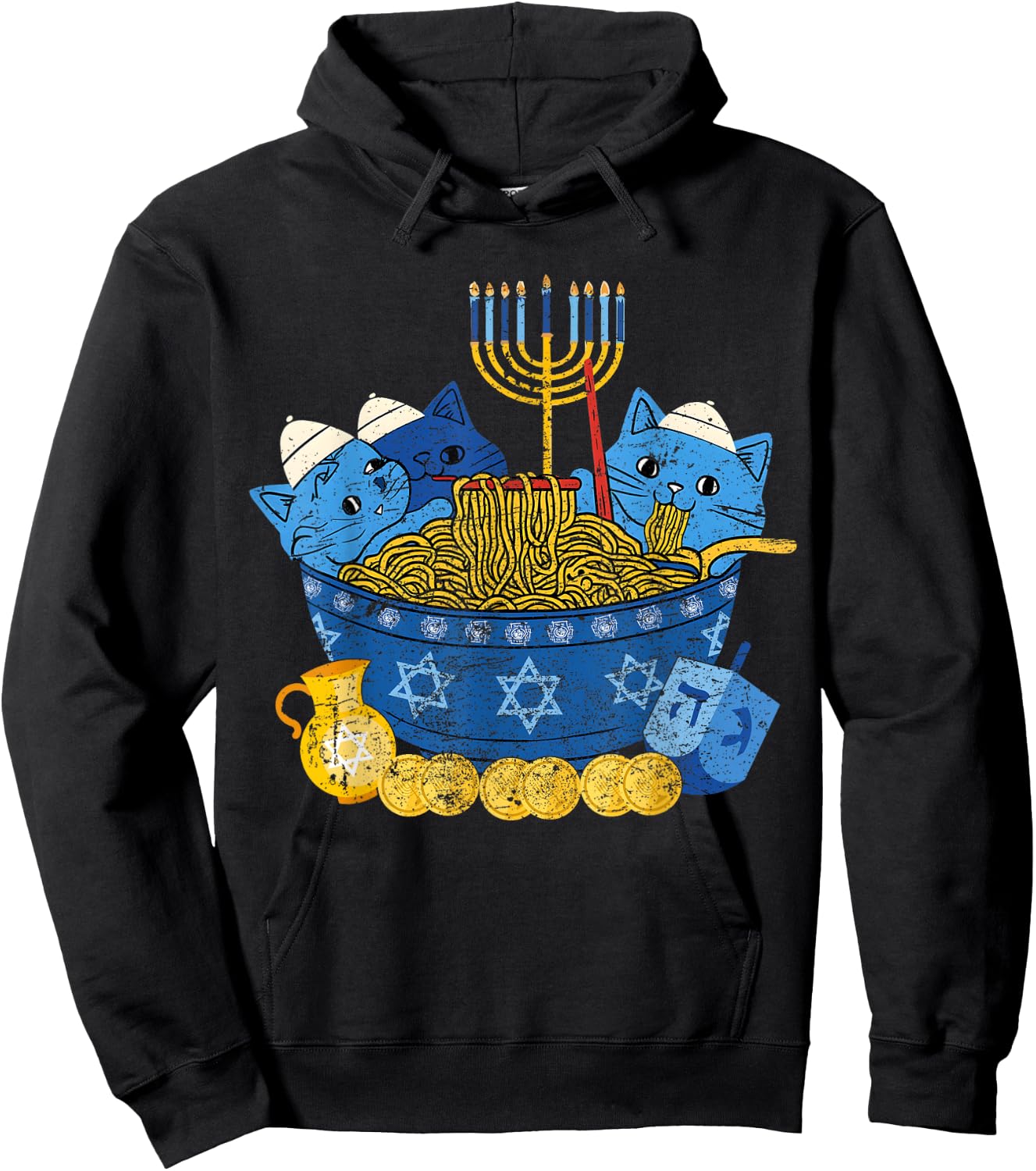 Jewish Cats Ramen Kitten Anime Hanukkah Pajamas Chanukah Hoodie - Hoodie | Black