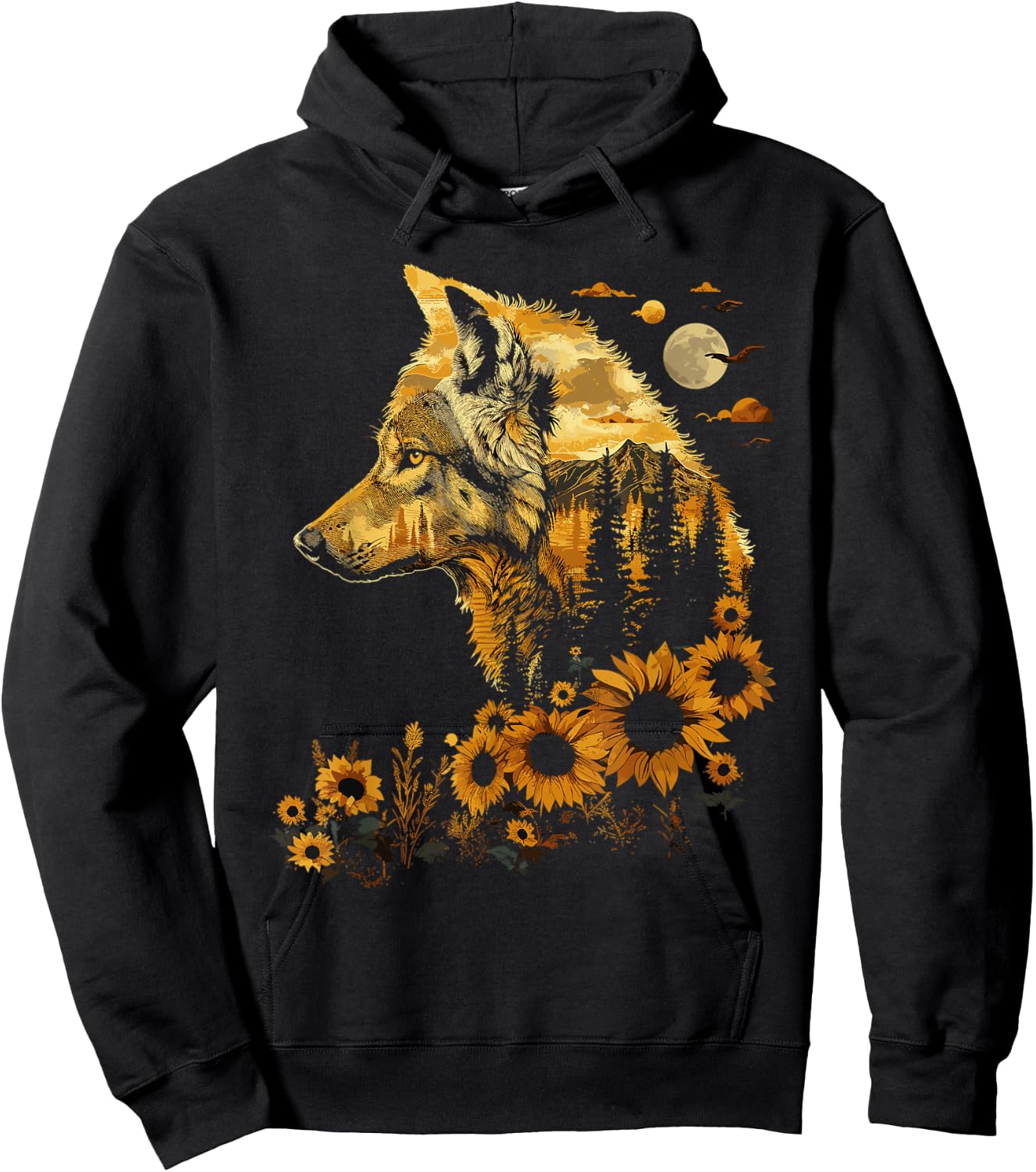 Cute Wolf Floral Sunflower Wolves Hoodie - Hoodie | Black