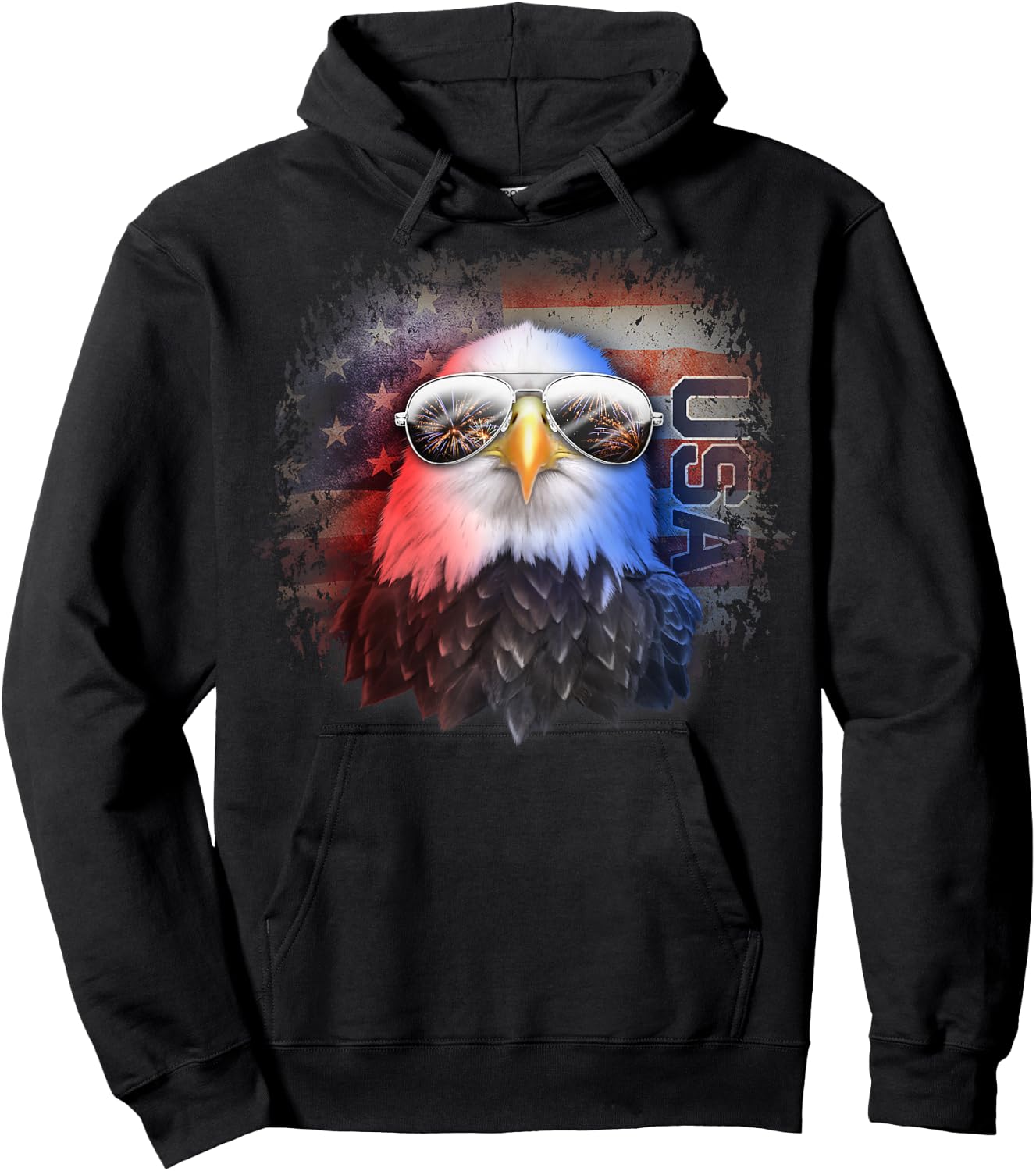 American Flag Grungy Bald Eagle Aviator With Sunglasses Kids Men Hoodie - Hoodie | Black