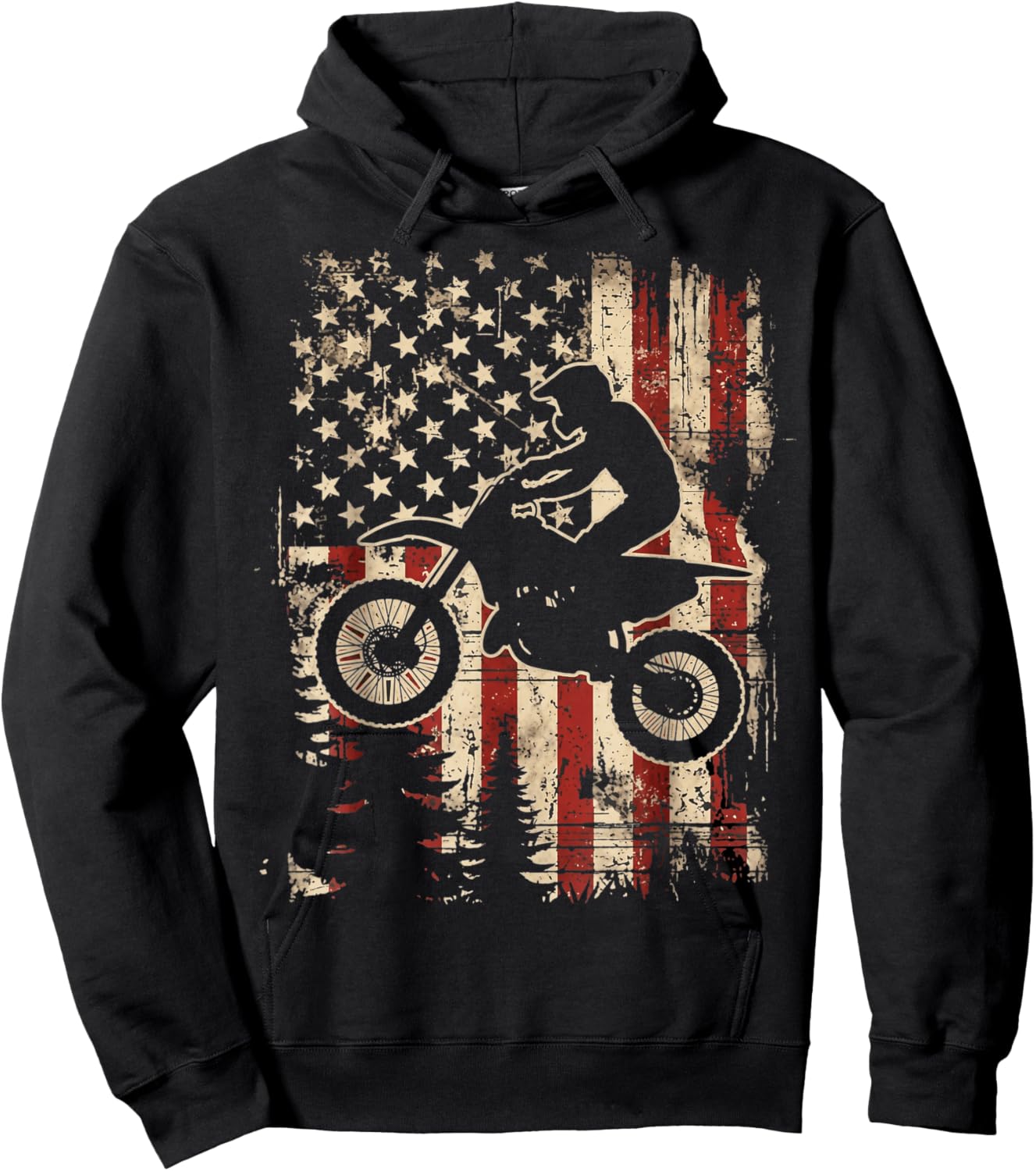 Vintage American Flag Dirt Bike Motocross Patriotic Rider Hoodie - Hoodie | Black