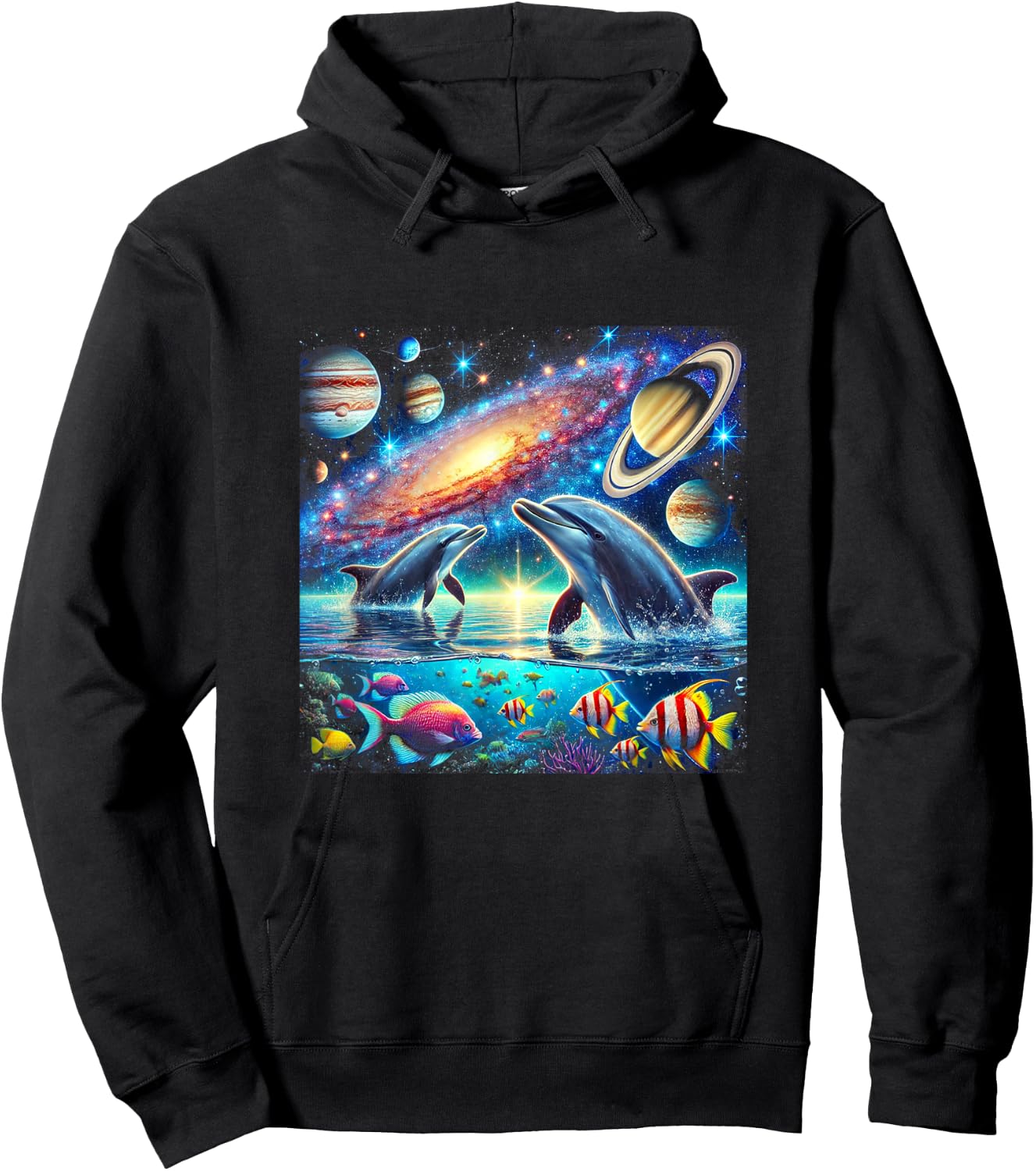 90s Dolphin, Y2k Space Galaxy Dolphins, Colorful Beach Hoodie - Hoodie | Black